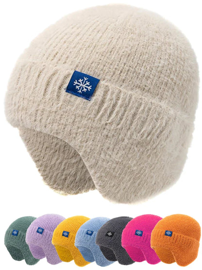 Women’s Earflap Winter Hat – Candy Color Faux Fur Knit Beanie, Kpop Style Streetwear Cap