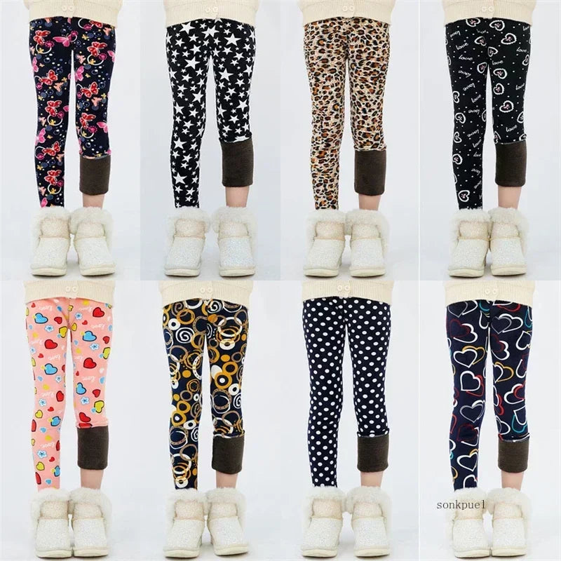 Girls Warm Velvet Leggings Pants (4–13Y) – Autumn Winter Thickened Star Print Kids Stretch Trousers Baby Girl Thermal Skinny Pants
