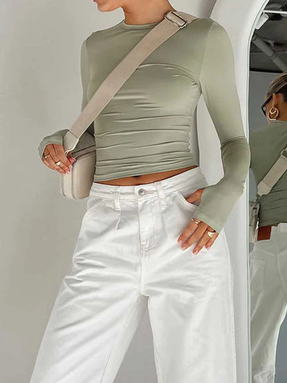 Stylish Women's Long Sleeve Crew Neck Crop Top | Solid Slim Fit T-shirt with Thumb Holes | Perfect for Daily Streetwear & Summer Camis