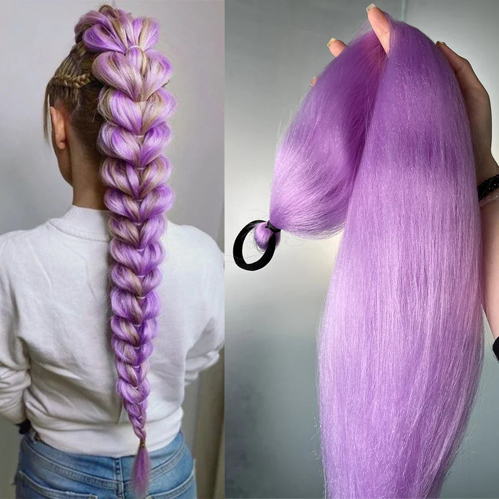 2PCS Synthetic Straight Ponytail Hair Extensions – Colorful Braiding with Elastic Hair Tie for Women
