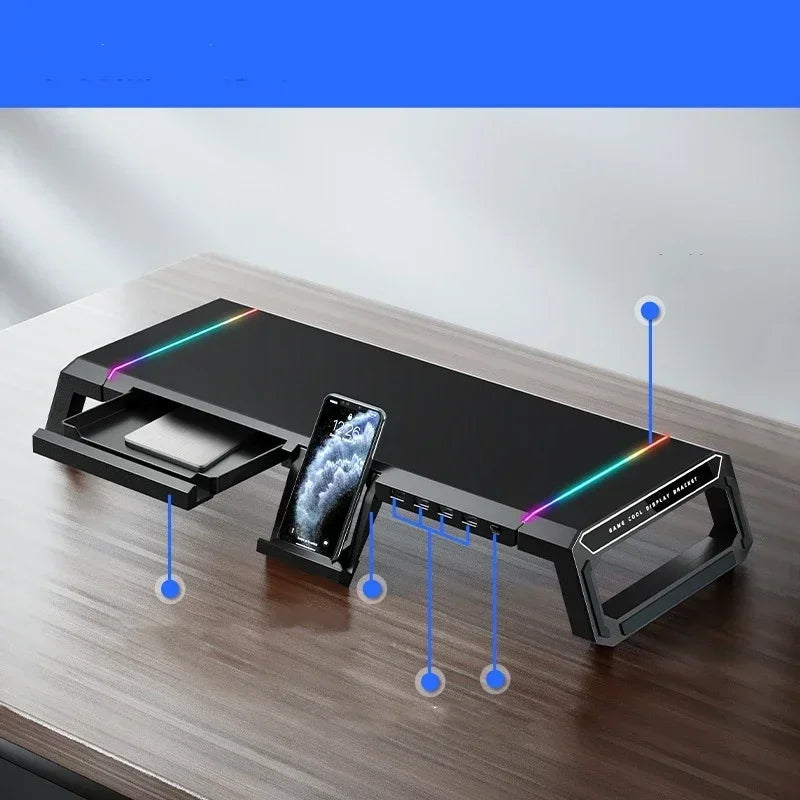 Hot Sell Aluminum PC Monitor Stand with 4 USB Ports & Keyboard Storage – Laptop Stand with USB 3.0 Fast Charging