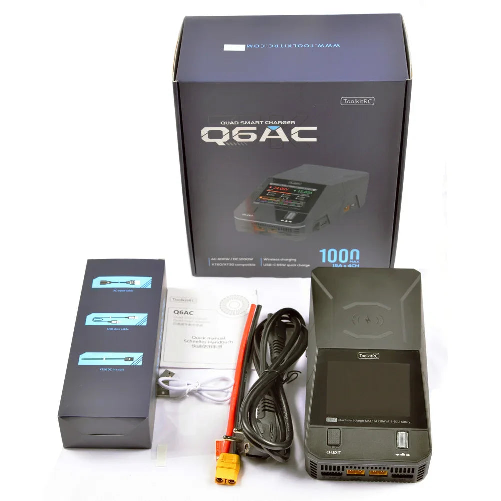 ToolkitRC Q6AC Charger AC 400W/DC 1000W 4-Channel with 65W USB & 15W Wireless Charging for LiPo NiMH PB Batteries