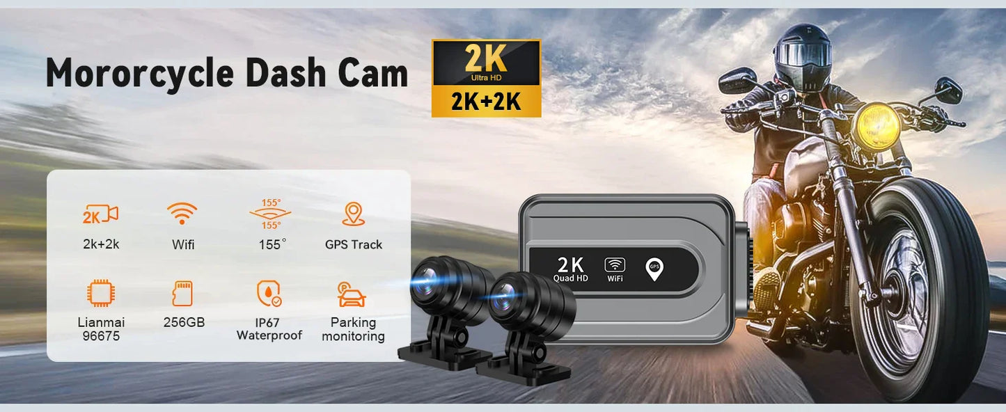 Motorcycle 2K Front & Rear DVR Dash Cam – WiFi GPS, Waterproof Full-Body Video Recorder Black Box