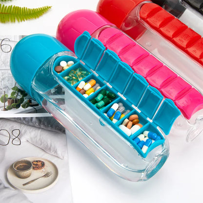 2-in-1  Water Bottle Organizer with Daily Pill Boxes