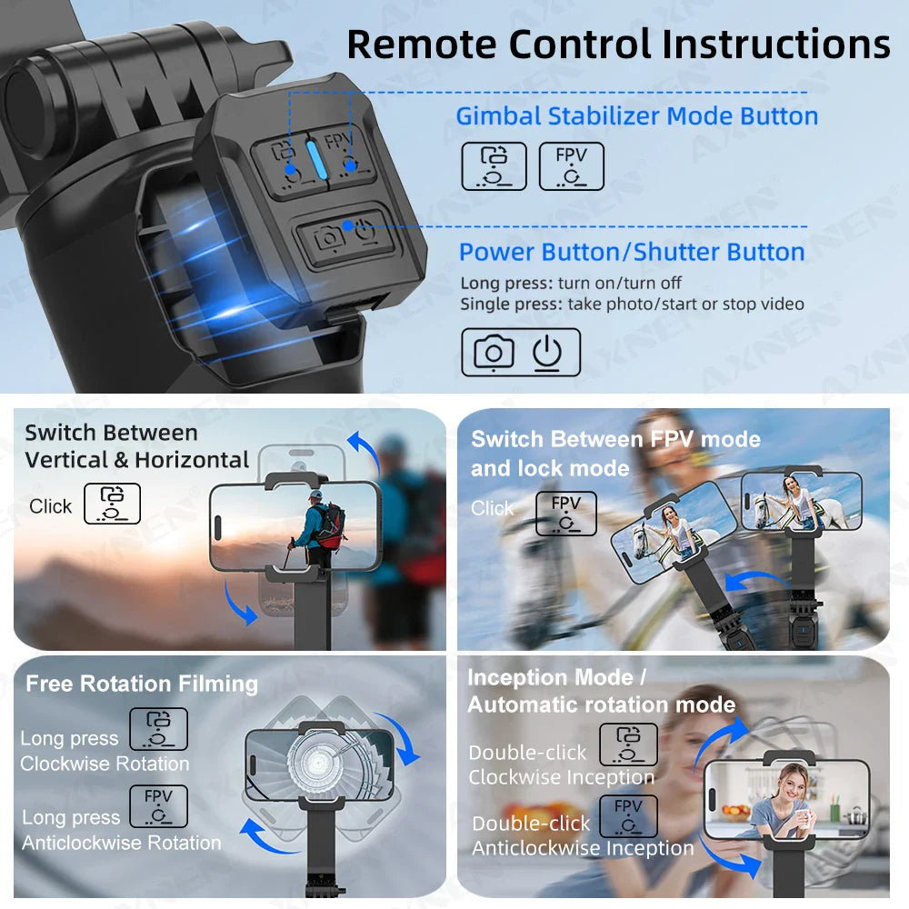 AXNEN HQ2 Series Handheld Mobile Phone Stabilizer – Smartphone Gimbal & GoPro Extension Rod Selfie Stick Tripod