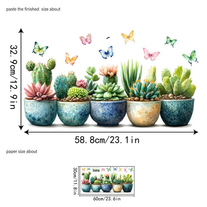 Succulent & Cactus Window Clings - Removable Potted Plant and Butterfly Wall Stickers