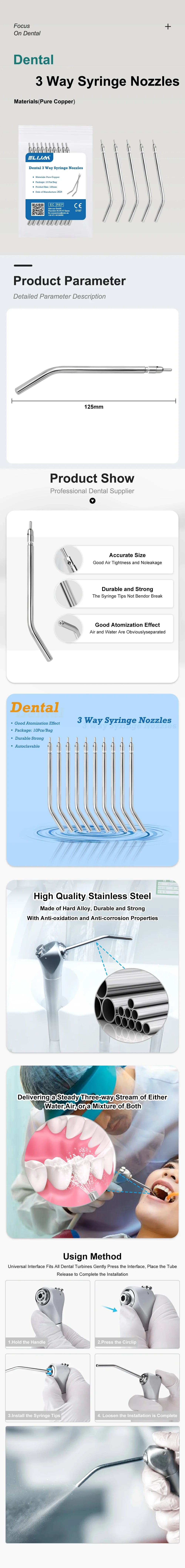 10pcs Stainless Steel Dental Air Triple Syringe – 3-Way Air Water Spray Nozzles for Teeth Whitening