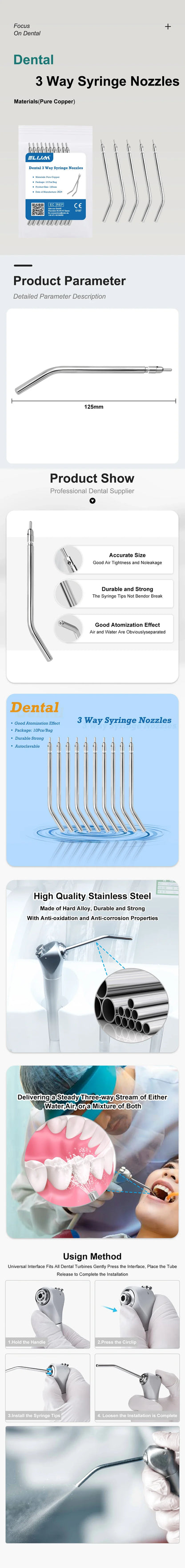 10pcs Stainless Steel Dental Air Triple Syringe – 3-Way Air Water Spray Nozzles for Teeth Whitening