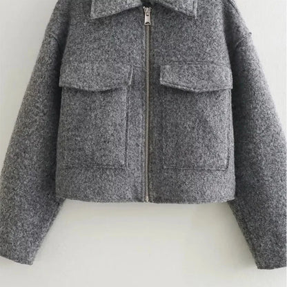 TRAF Women’s Autumn Winter Cropped Tweed Jacket – Short Zip Coat, Demi-Season Outerwear
