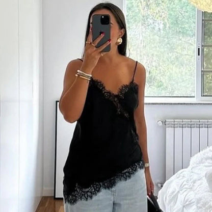 HXAO Women’s Asymmetrical Lace Off-Shoulder Tank Top – Summer 2025 Y2K Black Sleeveless Backless Elegant Camisole Top