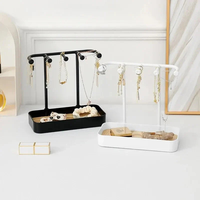 Bedroom Desktop Jewelry Storage Holder | Earrings and Necklaces Rack with Wooden Base | Bracelet Hanging Organizer