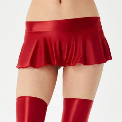 Women’s Sexy Wet Look Mini Skirt — Erotic Super Short Night Dress Party Lingerie in Wine Red, Pink & Black