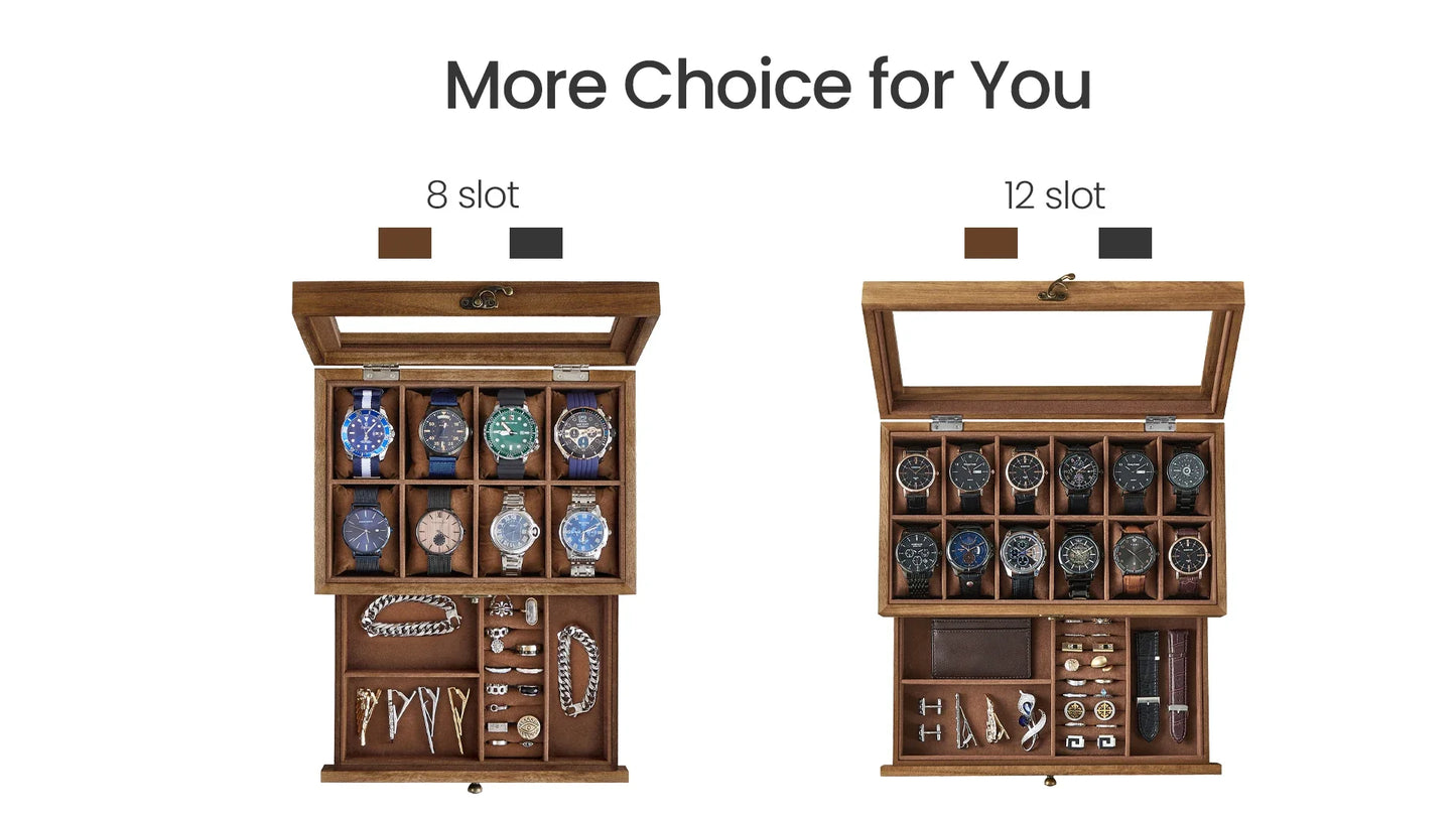 SONGMICS 12-Slot Watch Box – 2-Tier Watch Display Case with Glass Lid, Removable Pillows & Velvet Lining Jewelry Organizer