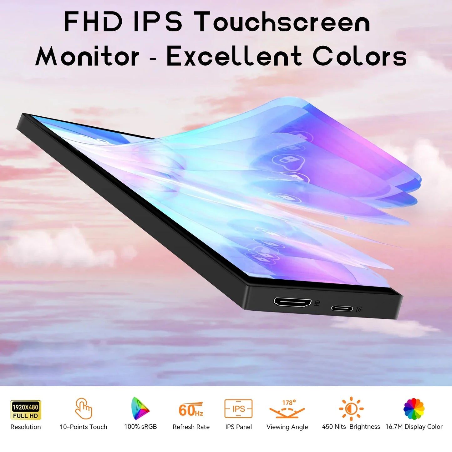 8.8 Inch HDMI Touch Screen Monitor – Long Wide Display with Case, PC Temperature Sensor Panel & Small Extender Monitor