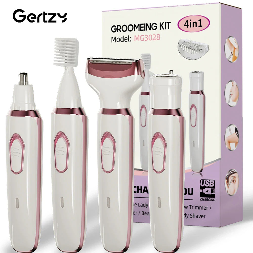 4-in-1 Rechargeable Electric Razor for Women – Wet & Dry Painless Trimmer for Face, Nose, Legs, Underarm & Bikini