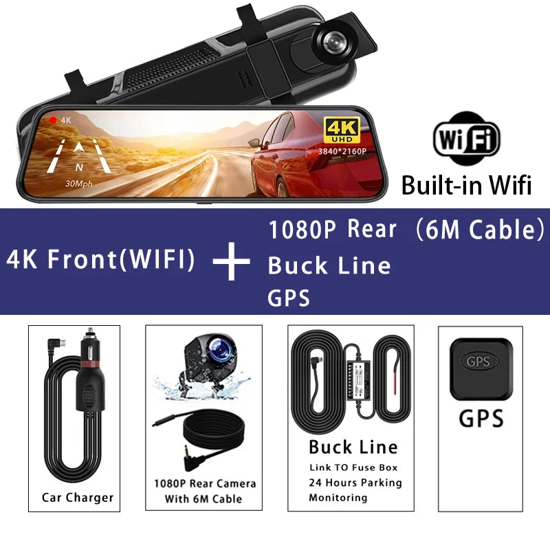 10'' 4K Mirror Dash Cam with GPS & WiFi – Dual Lens Car DVR, IPS Screen, Rearview Streaming Recorder