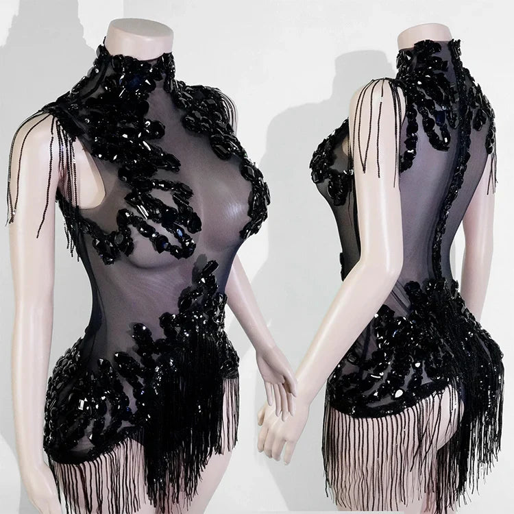 Sexy Shiny Silver Sequin & Black Spandex Jumpsuit — 2025 Women’s Prom, Dancer & Stage Performance Costume