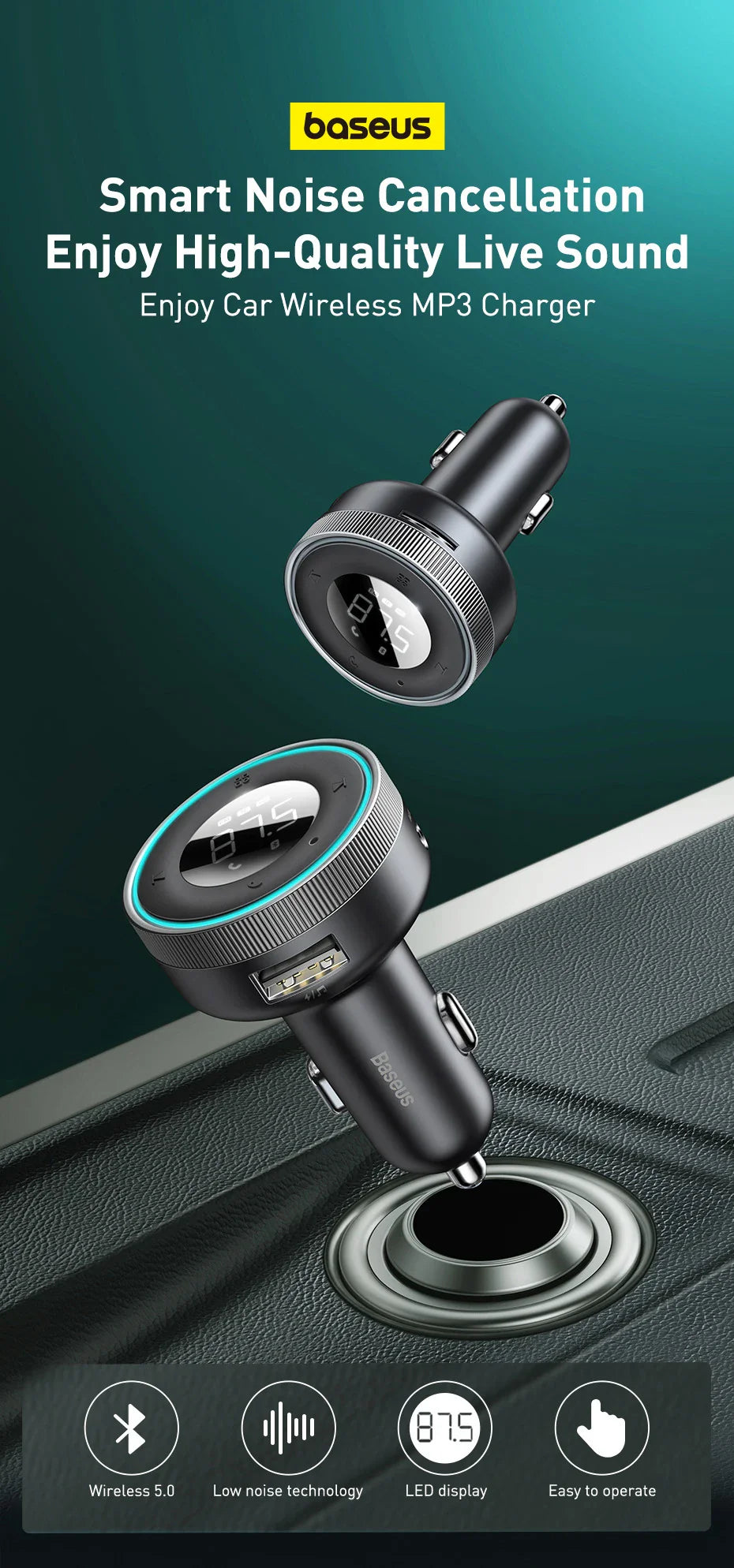 Baseus Bluetooth 5.0 FM Transmitter – Wireless Car Kit with USB Fast Charger, AUX, MP3 Player & Hands-Free Calling
