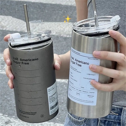 600ml Portable Stainless Steel Thermos Cup - Leak-proof Coffee Mug with Straw, Insulated Water Bottle for Drinkware