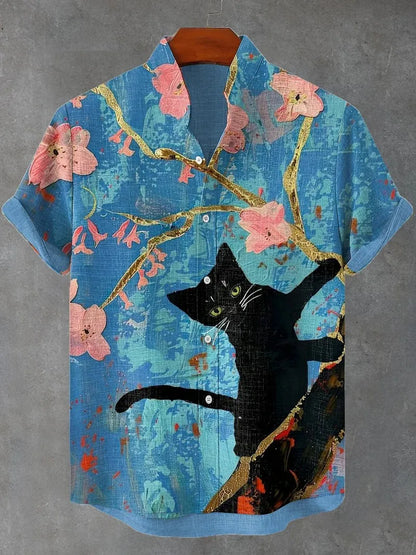 Men’s Cat Graphic Button Down Shirt - Oversized Short Sleeve Summer Hawaiian Vacation Top
