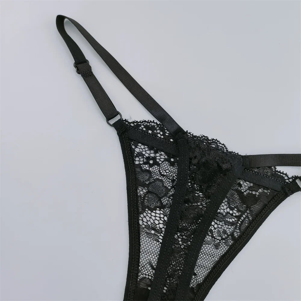 Women's Lace Thong Set - 3-Piece Low Waist Breathable Sheer G-String Lingerie