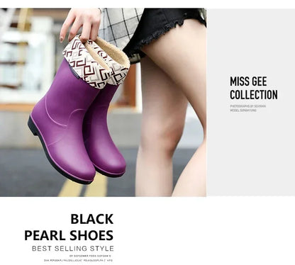 Women’s Four-Season Waterproof Rain Boots – Mid-Tube Non-Slip Rubber Shoes with Cotton Lining for Outdoor Fashion