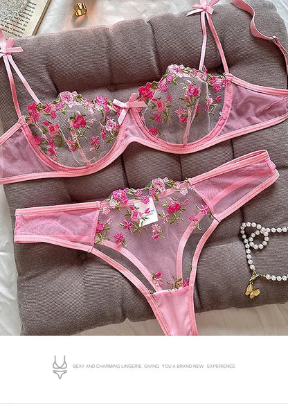 Sexy Lace Floral Lingerie Set for Women — Transparent Bra & Underwear Party Set, Sizes S-XL