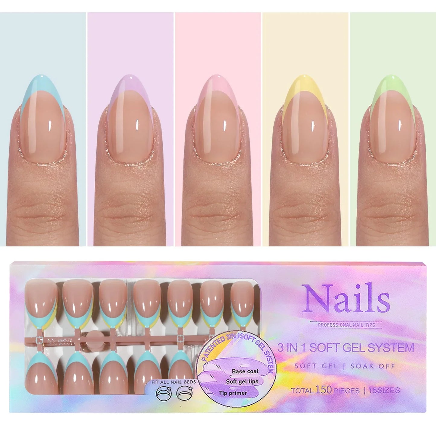150pcs Fake Almond French Nails – Multi-Size Press-On Acrylic Nails in 6 Colors, Removable & Convenient