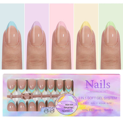 150pcs Fake Almond French Nails – Multi-Size Press-On Acrylic Nails in 6 Colors, Removable & Convenient