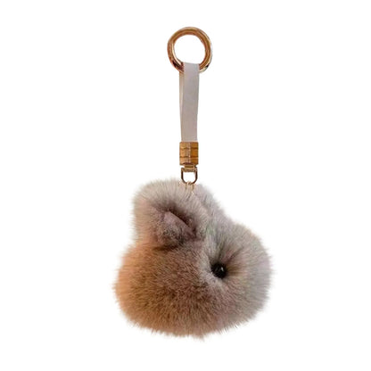 Fluffy Pompon Rabbit Keychain Rings – Cute Bunny Charm Bag & Car Key Pendant, White & Grey
