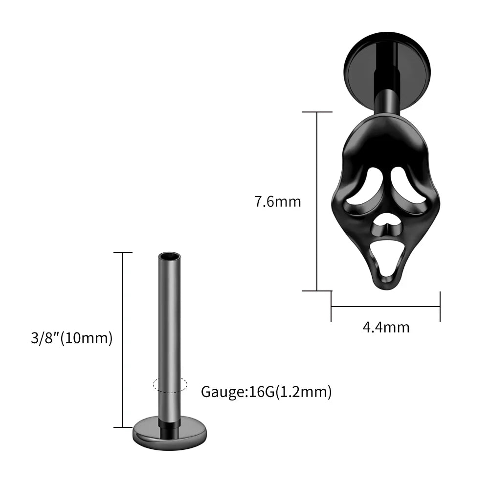 Right Grand ASTM F136 Titanium 16G Ghost Face Flat Back Earring – Halloween CZ Cartilage Stud for Helix, Labret & Nose Piercing Jewelry