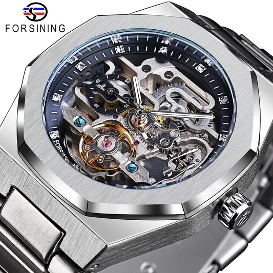Forsining Men’s Automatic Mechanical Watch – Luminous Hands, Stainless Steel Strap, Luxury Skeleton Fashion Watch