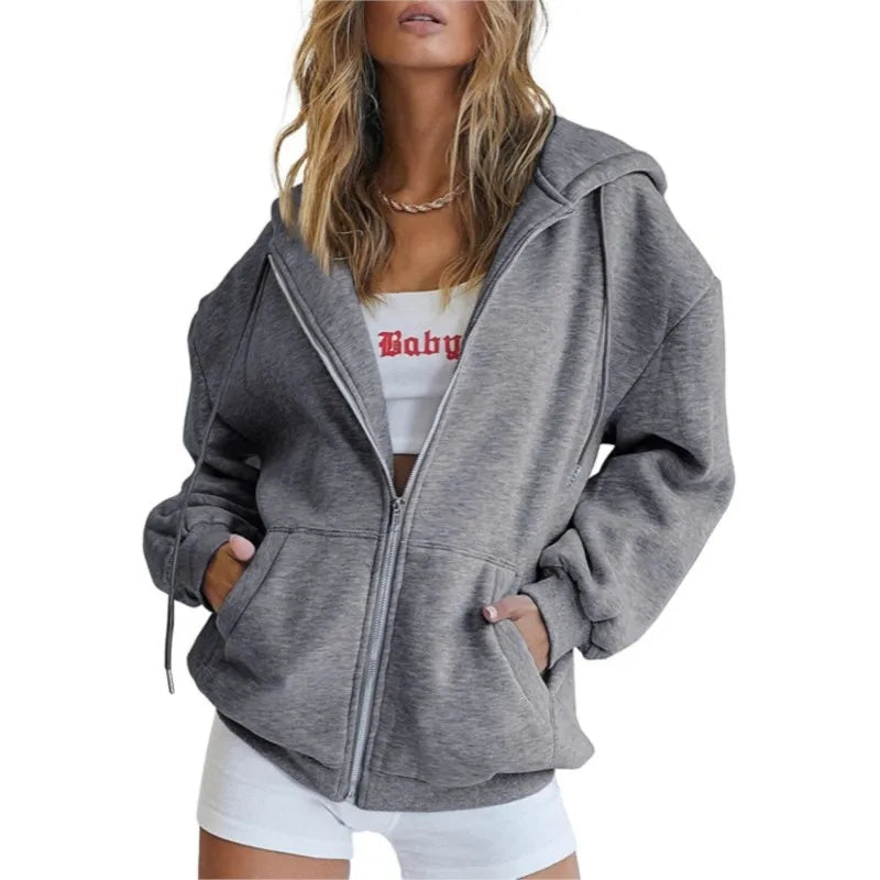 Women’s Gray Zip-Up Hoodie Sweatshirt – Autumn Winter Long Sleeve Jacket with Pockets
