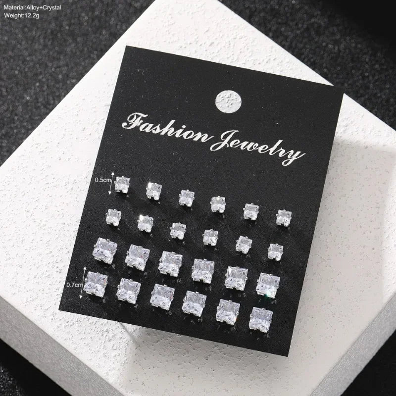 12 Pairs Square Zircon Earrings Set for Men & Women – Fashionable Simple Daily Wear Jewelry Collection, Elegant Gift Accessory Set