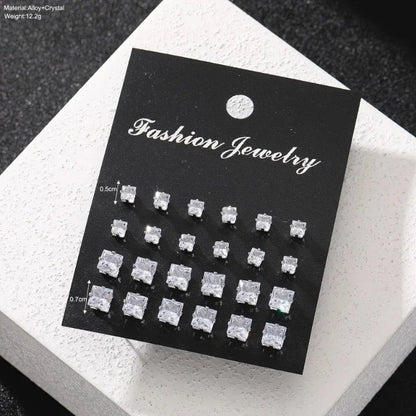 12 Pairs Square Zircon Earrings Set for Men & Women – Fashionable Simple Daily Wear Jewelry Collection, Elegant Gift Accessory Set