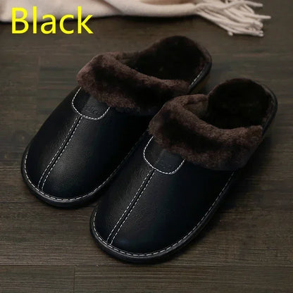 Men & Women Winter PU Leather Slippers — Black Waterproof Indoor Home Shoes, Warm Cozy House Slippers