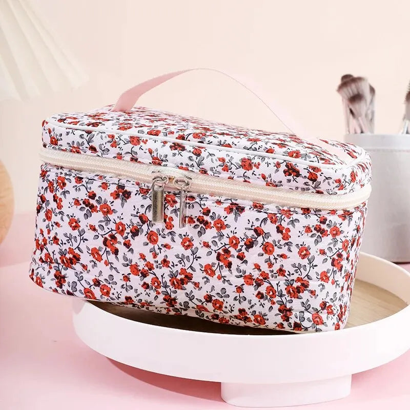 Cotton Floral Cosmetic Pouch – Dual Zipper Makeup Organizer, Portable Travel Storage & Wash Bag