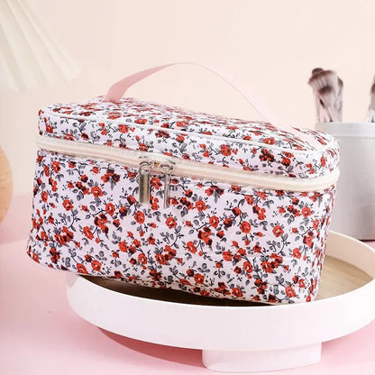 Cotton Floral Cosmetic Pouch – Dual Zipper Makeup Organizer, Portable Travel Storage & Wash Bag