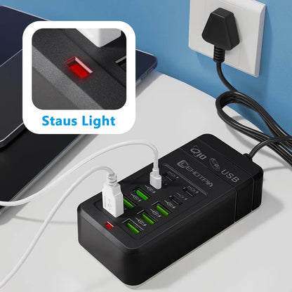 10-Port USB Fast Charger Adapter - EU UK US Plug Power Station with 6 USB-A & 4 USB-C Ports Extension Cord