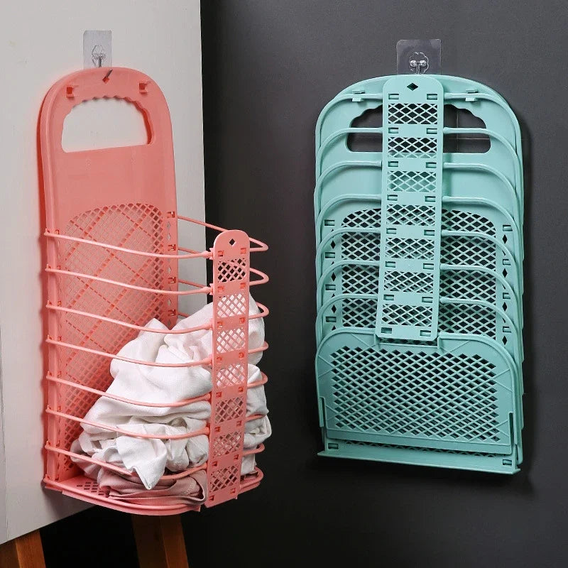 Foldable Plastic Laundry Basket – Wall-Mounted Non-Perforated Clothes Storage for Bathroom