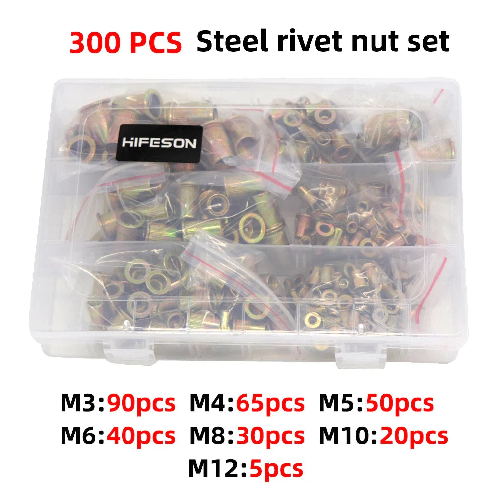 HIFESON Hand Threaded Rivet Nut Gun — Manual Riveter with 70/95/300PCS M3-M12 Nuts for Easy Installation