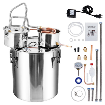 5Gal/19L Stainless Steel Water & Alcohol Distiller – Home Brewing Kit with Built-in Thermometer, Copper Tube, and Water Pump