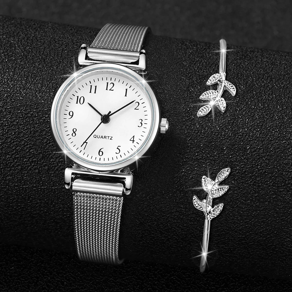 2PCS Fashion Arabic Dial Women's Quartz Watch – Steel Mesh Band & Opening Cuff Bracelet Bangle Set (No Box)