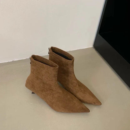 SUOJIALUN 2024 Winter New Women’s Short Boots – Fashion Pointed Toe, Elegant Ankle Boots with Thin High Heel Dress Pumps