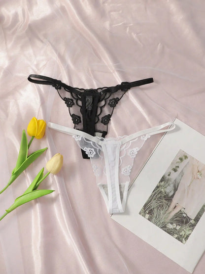 2PCS Lace Thong Underwear Set - Sexy Ladies Black & White Floral Embroidered Panties for Women