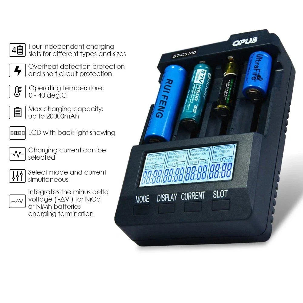 OPUS BT-C3100 V2.2 Universal 4-Slot LCD Smart Battery Charger – Rechargeable Battery Replenisher & Accessories