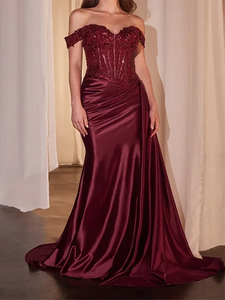 Women’s Dark Navy Off-Shoulder Prom Dress — Sweetheart Beaded Lace Corset Evening Gown with High Side Slit 2025