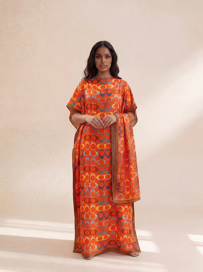 Long Silk Blend Beach Cover Up Dress - Elegant Middle Eastern Print Loose Robe for Women