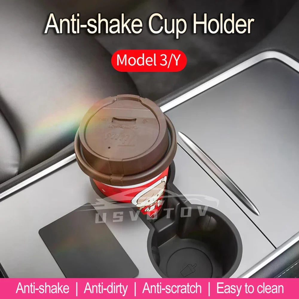 USVOTOV Water Cup Holder for Tesla Model 3/Y (2022-2024) - TPE Insert Storage Box and Center Console Organizer