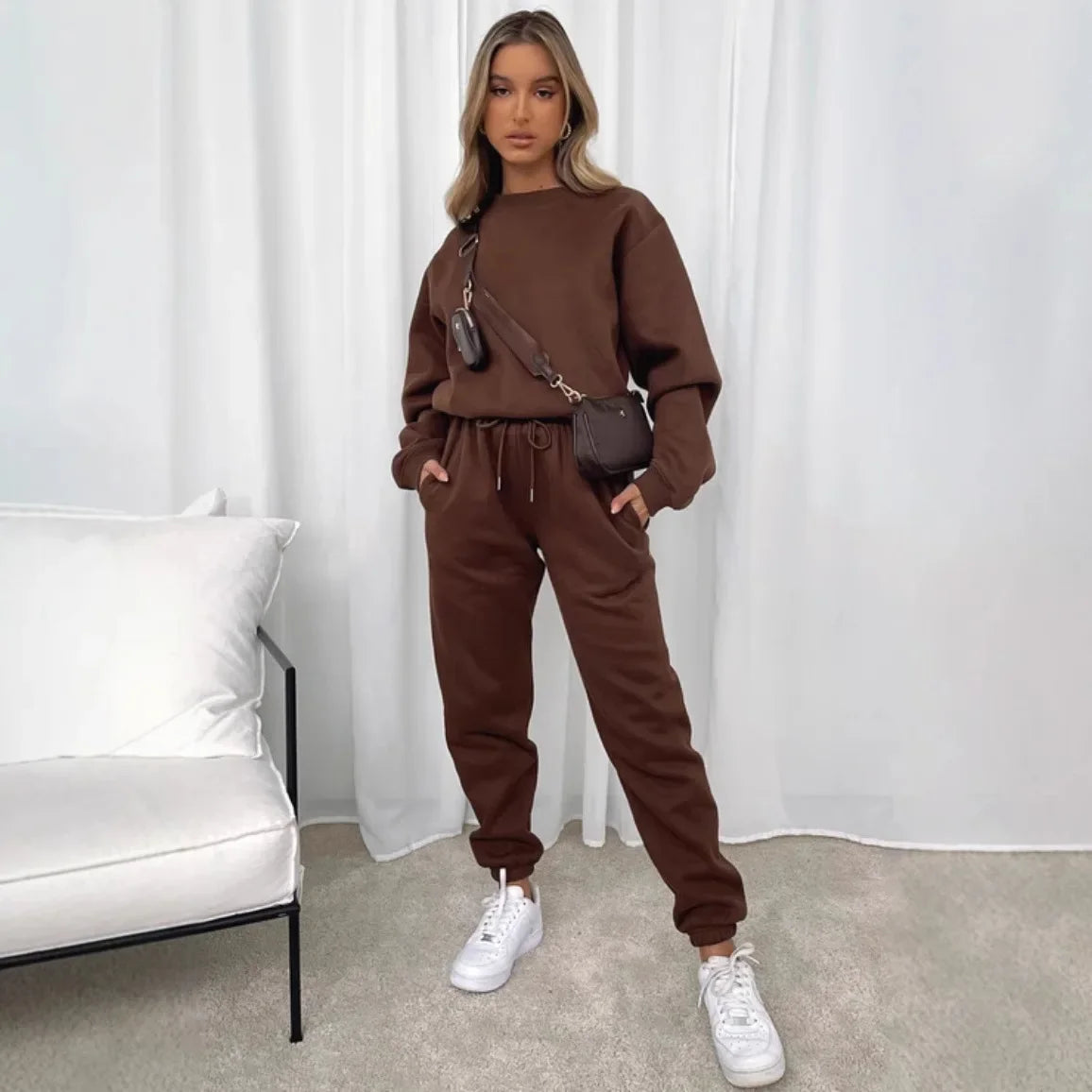 Women’s Casual Long Sleeve Sweatshirt & Pants Set – Solid Color Pullover Trousers, Round Neck Autumn Winter Outfit